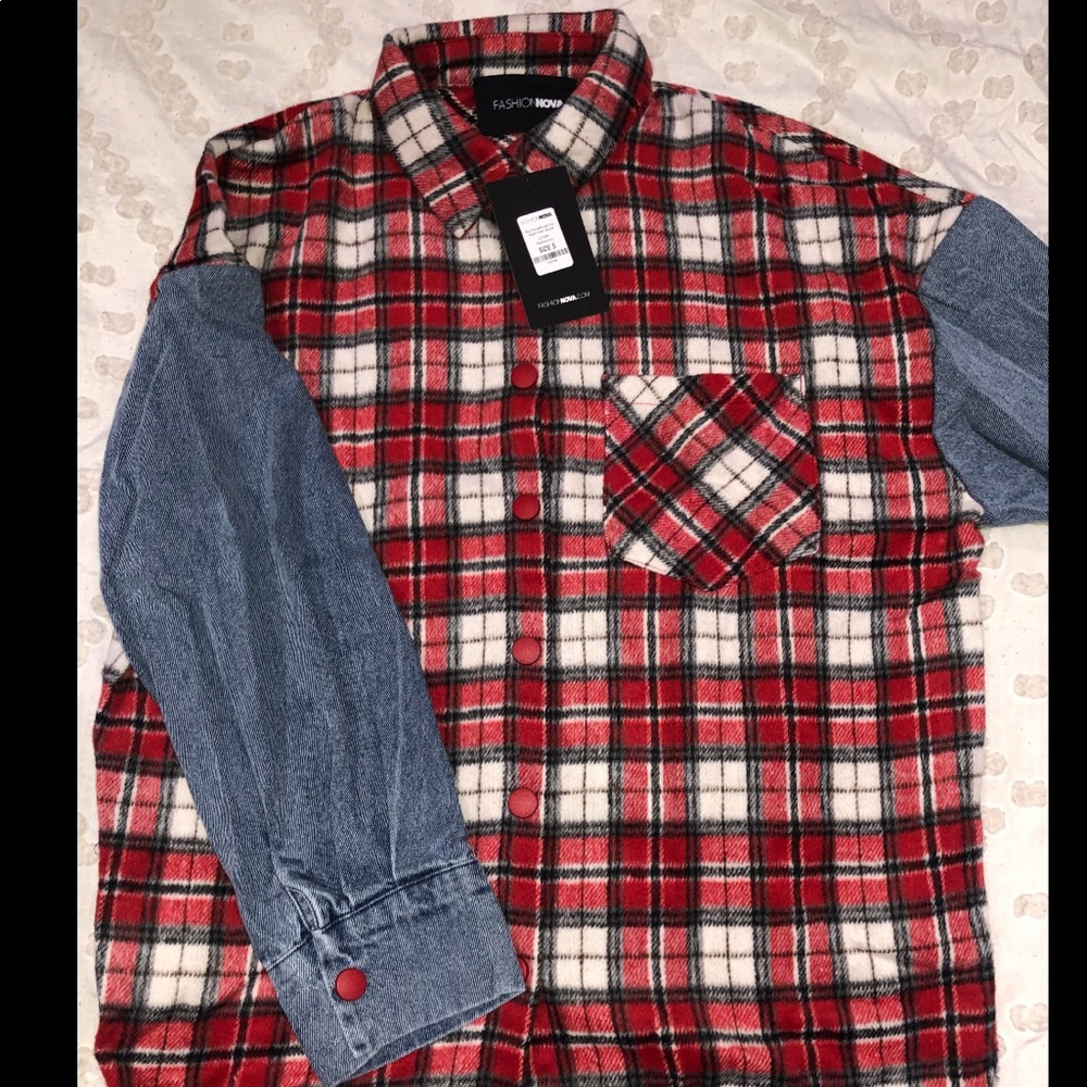 Fashion Nova Plaid Denim Sleeve flannel